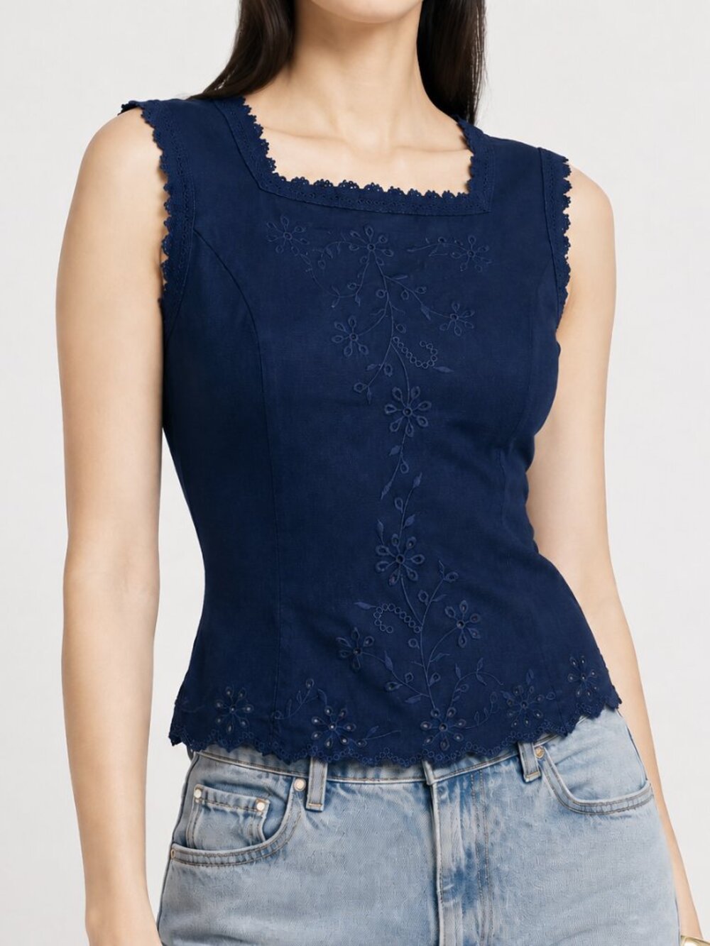 Reformation Lorie Linen Top Danube Navy Blue Embroidered Tank Boho Chic 2